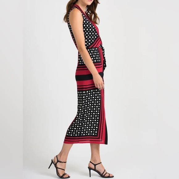 JOSEPH RIBKOFF Sz 10 Polka Dot Red Stripe Square Front Bow Lined Midi Dress - Picture 3 of 13